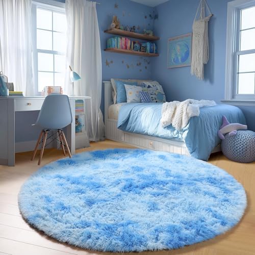 PAGISOFE Round Area Rugs for Boys Bedroom 5Ft Light Blue, Fluffy Circle Rug for Kids Room, Non-Slip, Super Soft Fluffy Carpet for Boys Nursery Kids Playroom, Baby Room Decor Dining Room Non-Shedding - Image 3