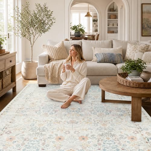 SparkleGaze White Beige Ivory Floral Living Room Rug 5x7 Area Rug - Vintage Washable Rug for Dining Room, Bedroom, Ultra Soft Low Pile Non Slip Stain Resistance Distressed Boho Farmhouse Flower Carpet - Image 5