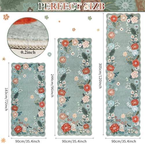 3x8 Runner Rug, Washable Kitchen Rugs with Non-Slip Backing, Low Pile Soft Boho Vintage Runner Carpet for Hallway, Kitchen, Entryway, Laundry, Bedroom, Green - Image 2