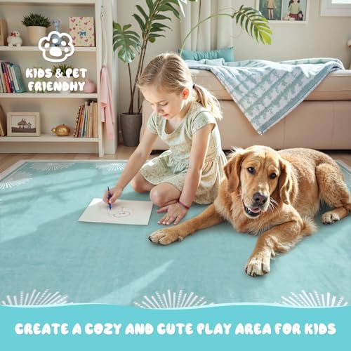 Hedlive Modern Bedroom Rug 8x10 Under Bed, Low Pile Washable Rugs for Living Room,Soft Sun Printed Large Rug,Aqua Dining Room Rugs for Under Table Classroom Dorm(8x10ft, Baby Blue) - Image 5