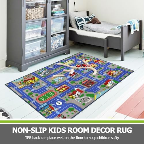 Capslpad Blue Car Road Kid Rug Carpet Playmat for Playoom Traffic Road Kids Play Mat for Toddler Non Slip Washable City Map Race Track Carpet Rug for Kids Room Bedroom Nursery Room Decor,5.2'x3.3' - Image 6