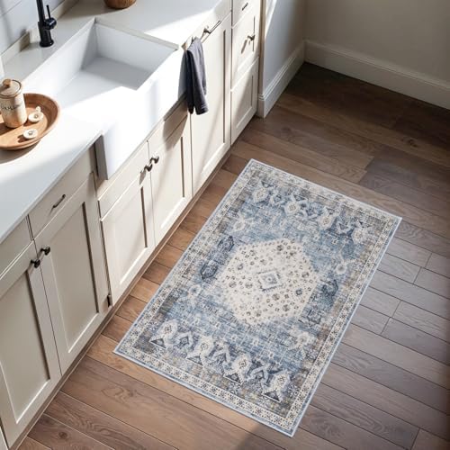 Washable Living Room Area Rug - 2x3 Small Bedroom Rugs Vintage Rustic Style Carpets with Non Slip Backing Distressed Floor Mat for Dining Room Kitchen Bathroom (Aqua Blue, 2'x3') - Image 2