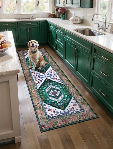 SERISSA 2x5 Washable Non Slip Boho Runner Rug for Hallway，Green White by SERISSAHomeDecorCollection