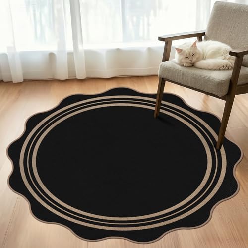 Scalloped Round Entryway Rug 4ft, Indoor Outdoor Patio Rug Washable Farmhouse Easy Jute Bedroom Area Rug, Non Slip Black Round Kitchen Circle Rugs for Living Room Front Porch - Image 3