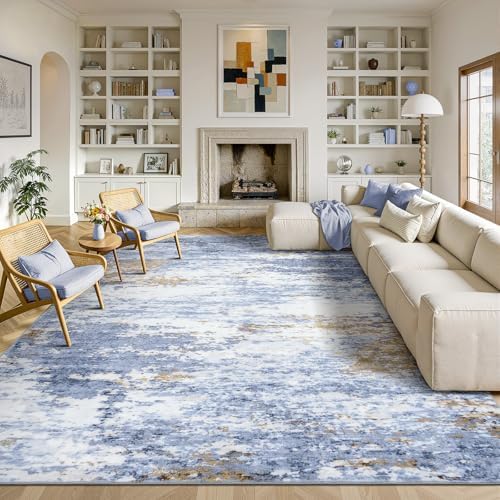 9x12 Area Rug for Living Room, Abstract Washable Large Rugs, Light Blue by Lofus