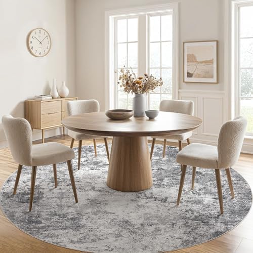 UERMEI 8ft Round Area Rug Living Room Rugs - 8x8 Washable Neutral Modern Abstract Soft Thin Rug Indoor Floor No Slip Rug Carpet for Bedroom Under Dining Table Home Office Decor - Grey - Image 3