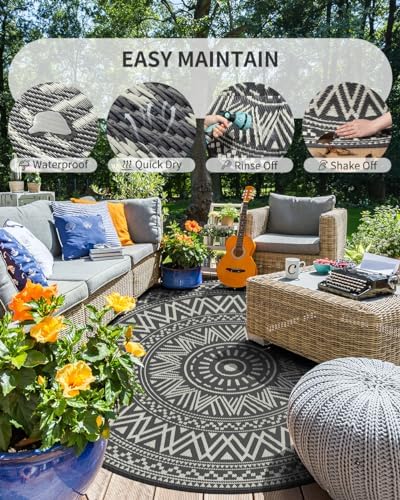 MontVoo Outdoor Rug Carpet Waterproof Round 8ft Outdoor Patio Rug Mat Reverisble Plastic Straw Outdoor Rug for RV Camping Picnic Beach Balcony Boho Grey - Image 4