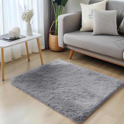 OLANLY 2x2 Machine Washable Small Rug, Soft Fluffy Shaggy Throw Rug for Bedroom, Entryway, Indoor Floor Carpet for Kids, Nursery, Home Decor, Light Grey - Image 3