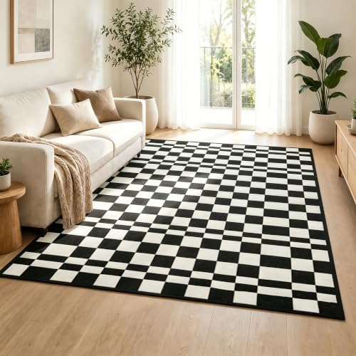 4x6 black and white Checkered Rug for Living Room, soft Low Pile Area Rugs by Unknown
