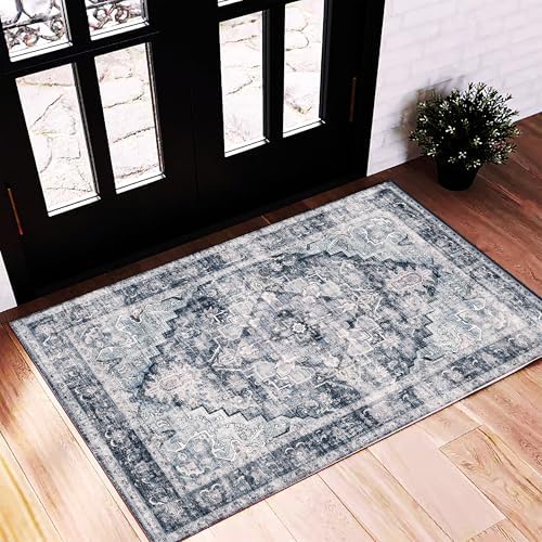 CHAMPLANT 2'x3' Dark Blue Area Rug Washable Door Mat Vintage Distressed Doormat Indoor Entrance Traditional Thin Floral Print Non Slip Mats for Kitchen Bathroom Bedroom Living Room by CHAMPLANT