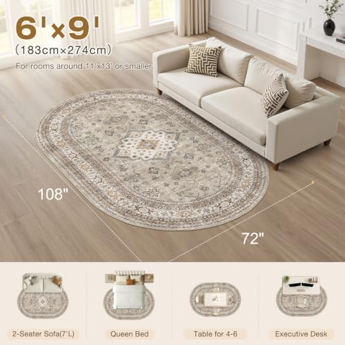 cotiled 6x9 Ellipse Area Rug for Living Room, Washable, Traditional, Beige - Image 2