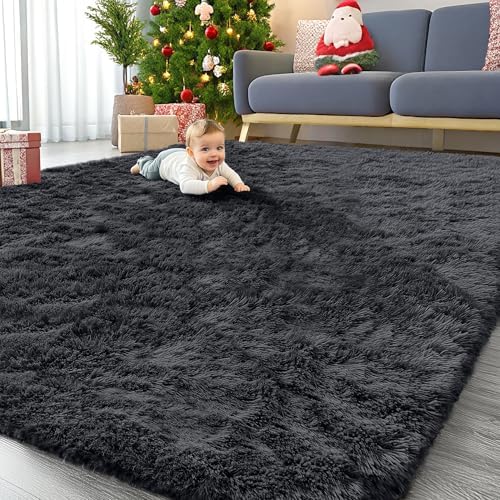 OLANLY 8x9 Machine Washable Large Area Rugs for Living Room, Bedroom, Soft Fluffy Shaggy Bedside Rug, Indoor Floor Carpet for Kids Girls and Boys, Dorms, Nursery, Home Decor Aesthetic, Black by OLANLY