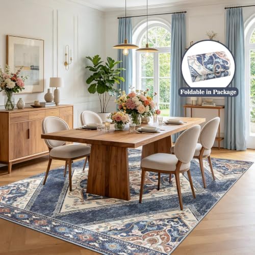 5x7Ft Boho Washable Area Rugs for Living Room, Blue/Multi Thin Bedroom Rugs Non Slip, Moroccan Soft Kids Nusery Area Floor Carpets for Dining Room Playroom Kitchen Home Office Decor - Image 4