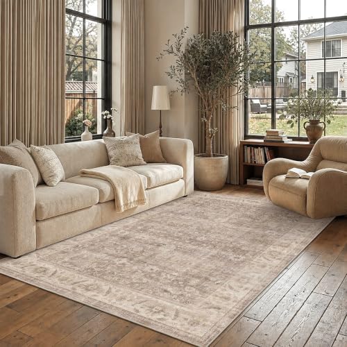 Washable 6x9 Bedroom Non-Slip Area Rug Retro Light Taupe Large Carpet by HOME