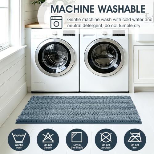 SmileYes Striped Haze Blue Bathroom Rug Set 3 Pieces Ultra Soft, Non Slip Chenille Bath Carpet, Absorbent Plush Shaggy Bath Mats for Bathroom, Bedroom, Stone Blue - Image 6