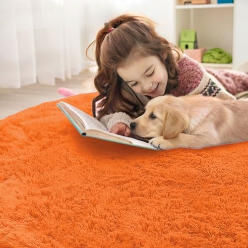 OLANLY Orange Round Rugs for Bedroom - Machine Washable, 6 ft Circle Area Rugs for Living Room, Soft and Fluffy Shaggy Carpet for Teen Girl and Boys, Nursery Rooms, Dorms, Home Decor Aesthetic - Image 5