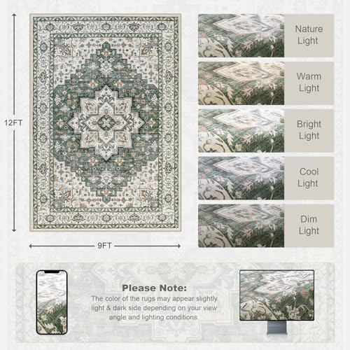 9x12 Area Rugs Living Room: Washable Rug for Bedroom Green Ivory - Image 2