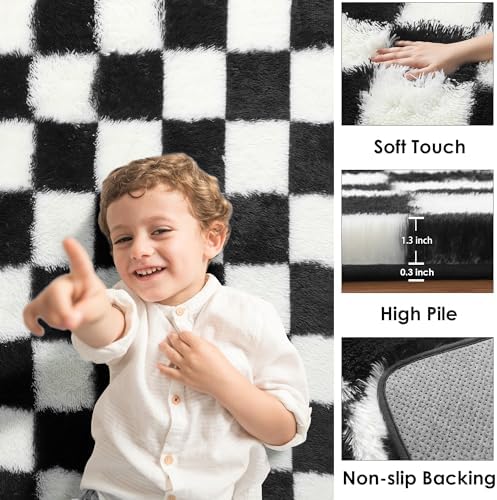 KICMOR Area Rugs for Bedroom Living Room, 4x6 Black and White Fluffy Soft Checkered Rug Fuzzy Shag Shaggy Carpet, Indoor Plush Floor Rugs for Kids Boys Girls Teen Dorm Nursery Home Decor Aesthetic - Image 2