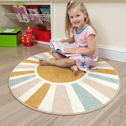 LIVEBOX Retro Sun Round Rug 4ft Boho Rug for Nursery Room,Non-Slip Circle Ultra Soft Cute Colorful Kids Rugs for Bedroom,Washable Throw Area Rugs Carpet for Living Room Indoor Office - Image 6
