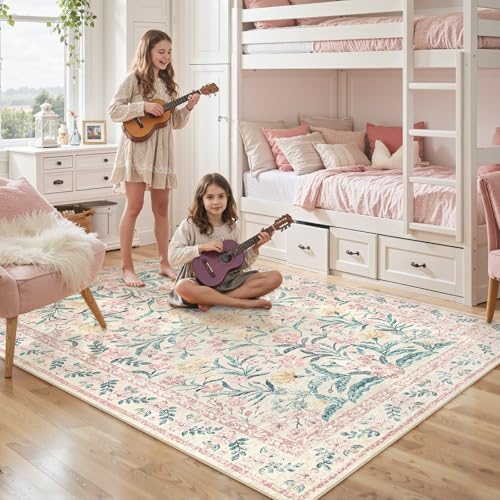 Lahome 6x9 Pink Rug for Dorm Girls Bedroom, Boho Cottage Core Floral Rug - Image 3