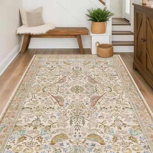Hazo Haus Washable Area Rugs 5x7 for Living Room - Boho Cottagecore Earthy Rugs for Bedroom, Dining Room, Office with Vintage Beige Taupe Botanical & Bird Pattern, Non Slip Stain Resistant Low Pile - Image 6