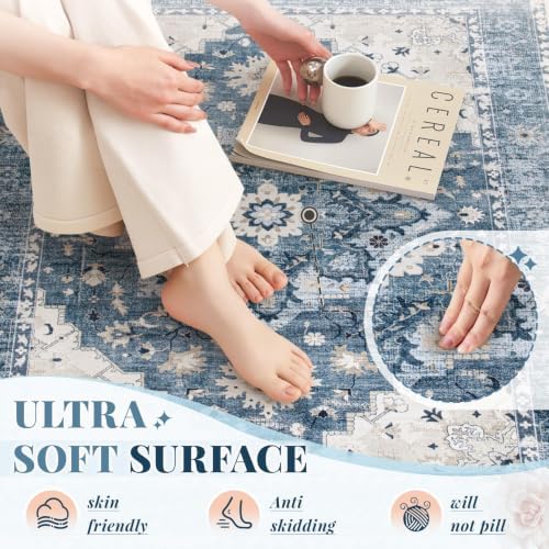 Area Rug 8x10 Vintage Rug: Large Washable Indoor Medallion Rugs Low Pile Distressed Floor Carpet Retro Accent Rug for Living Room Bedroom Kitchen Dining Table Home Office(Blue, 8'x10') - Image 6