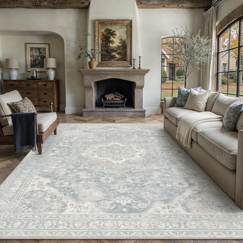 PureCozy Blue Area Rug 9x12 Living Room Vintage Floral Non-Slip Carpet by PureCozy