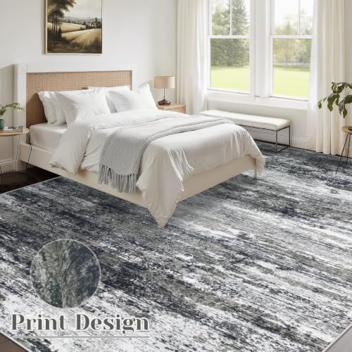 Washable Rug 9x12 Area Rugs for Living Room: Large Neutral Soft Rug Abstract Non Slip Low Pile Modern Carpet for Bedroom Kitchen Nursery Office Dining Room Indoor (Black, 9'x12') - Image 3