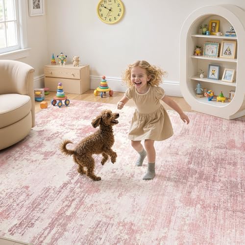 UERMEI 9x12 Area Rug Living Room Rugs - Washable Neutral Modern Abstract Soft Thin Large Rug Indoor Floor No Slip Rug Carpet for Bedroom Under Dining Table Home Office Decor - Pink - Image 5
