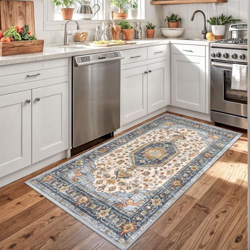 KUTA Vintage Rug 3x5 Area Rugs for Entryway Ivory Blue Washable Kitchen Rug - Image 3