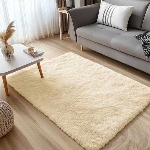 OLANLY 3x5 Machine Washable Small Bedside Rug, Soft Fluffy Shaggy Rugs for Living Room, Bedroom, Indoor Floor Carpet for Kids Girls and Boys, Preppy Dorms, Nursery, Home Decor Aesthetic, Cream - Image 3