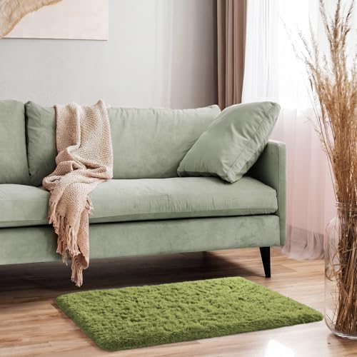 Ophanie Small Rug Washable Non Slip Throw Bedside Area Rugs, Fluffy Soft Green Mini Bedroom Carpet, Affordable Door Entryway Indoor Inside Front Entrance Dog 2x3 Mat, Home Decor Aesthetic, Nursery - Image 3