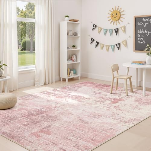 UERMEI 5x7 Area Rug Living Room Rugs - Washable Neutral Modern Abstract Soft Thin Large Rug Indoor Floor No Slip Rug Carpet for Bedroom Under Dining Table Home Office Decor - Pink - Image 5