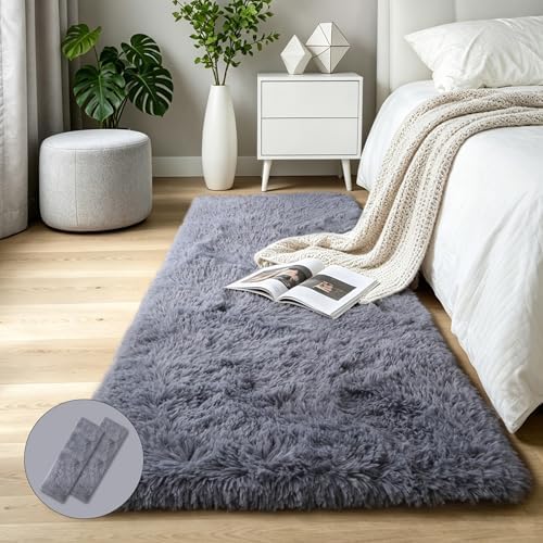 KICHOWUA Grey Fluffy Shag Rug 2x6, 2 Pcs Soft Plush Fuzzy Washable Non Slip by KICHOWUA