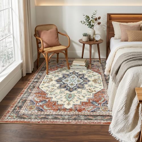 Area Rugs 3x5 Washable Non-Slip Boho Indoor Carpets, Taupe Red