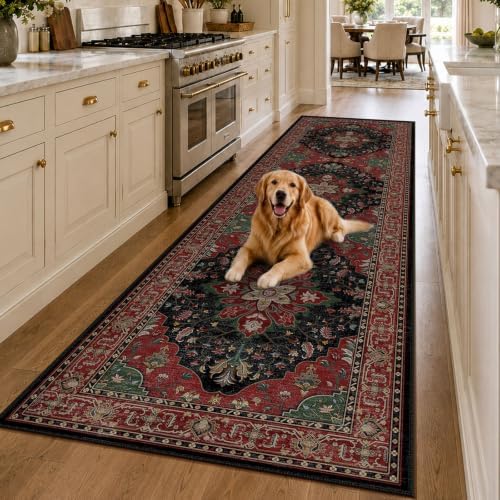 RELEANY Washable Area Rug, Runner 3'x10', Red/Black by RELEANY