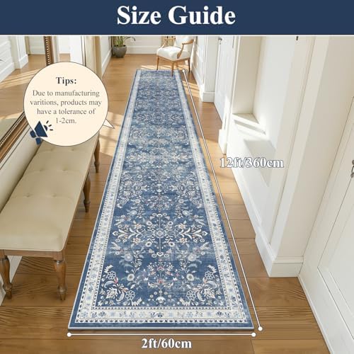 Yamaziot 2x12 Washable Hallway Runner Rug Non Slip Floral Carpet, Blue - Image 2