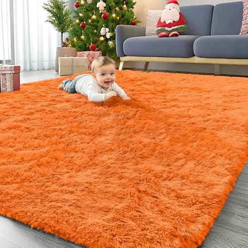 OLANLY 8x10 Machine Washable Large Area Rugs for Living Room, Bedroom, Soft Fluffy Shaggy Bedside Rug, Indoor Floor Carpet for Kids Girls and Boys, Dorms, Nursery, Home Decor Aesthetic, Orange by OLANLY