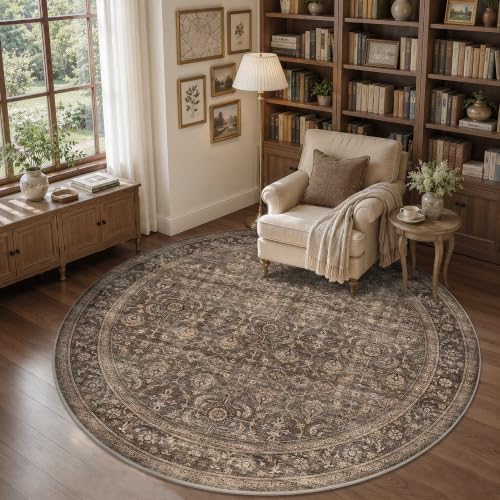 JOOJA 6x6 Dark Brown Vintage Low Pile Washable Boho Round Living Room Rug - Image 3