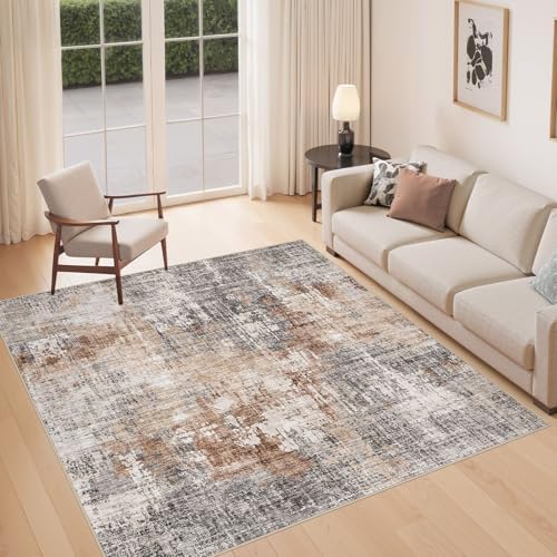 DMOYEST Square Area Rug Living Room Rugs - 8x8 Washable Large Soft Indoor Neutral Modern Abstract Low Pile Rug Carpet for Bedroom Dining Room Farmhouse Home Office - Grey Brown by DMOYEST