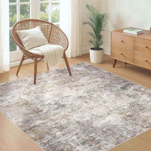 UERMEI Square Area Rugs : Washable 5x5 Neutral Modern Abstract Carpet for Living Room Bedroom - Soft Floor Mat with Non Slip Backing for Kitchen Nursery Dorms Farmhouse Home Decor - Brown Grey - Image 4