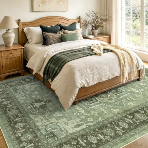 9x12 Ft Extra Large Area Rugs for Living Room, Soft Non-Slip Machine Washable Rug, Vintage Stain Resistant Carpets for Bedroom Nursery Dining Room Home Decor (Green) - Image 4
