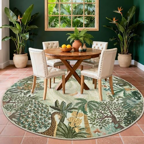 GarveeHome Round Area Rugs 5ft for Bedroom, Green Jungle Washable Circle Rug Soft Non Slip Forest Animal Print Floor Mat Tiger Carpet Indoor Thin Rug for Kids Room Dining Room Playroom Nursery - Image 3