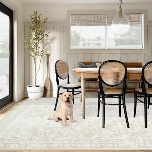 Aoyaomi Vintage Living Room Area Rug - 5x7 Large Machine Washable Boho Area Rug Distressed Floral Rugs for Bedroom, Soft Non-Slip Indoor Floor Accent Rugs for Office Dining Room (Cream Beige, 5'x7') - Image 3
