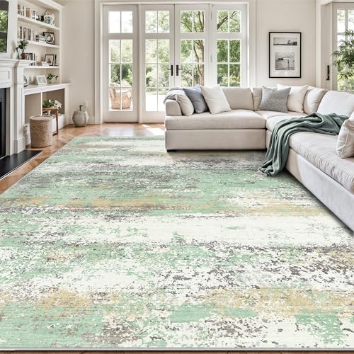 8x10 Area Rugs, Abstract Modern Ultra Soft Washable Rug, Non Slip Carpet with Rubber Back Stain Resistance Rugs for Living Room, Bedroom, Dining Room Decor(Light Green/Cream) by Yarooge