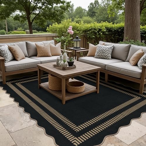 Scalloped Modern Easy Jute Carpet, 5x7 Outdoor Patio Washable Area Rug, Indoor Black Kitchen Rugs Farmhouse Neutral Non Slip Rug for Living Room Patio Entryway - Image 3