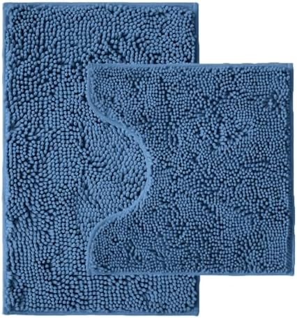 Bathroom Rugs Sets 2 Piece,Super Absorbent Chenille Bath Mats and U-Shaped Toilet Rug,Strong PVC Non Slip Backing,Microfiber Washable Dry Quickly Bath Mats for Bathroom(20"x32"+20"x20"U, Medium Blue) by Unknown