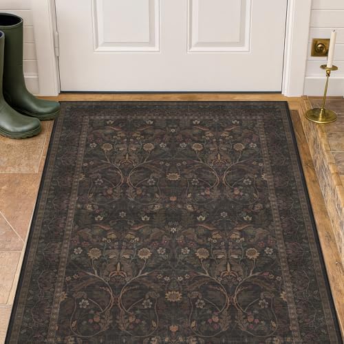Rustic Brown 3x4 Large Washable Entryway Rug Indoor - Stain Resistant Kitchen Sink Floor Mat Non Slip, Dark Floral Pattern Cabin Area Rug for Bedroom Beside Bed, Mudroom - Image 6