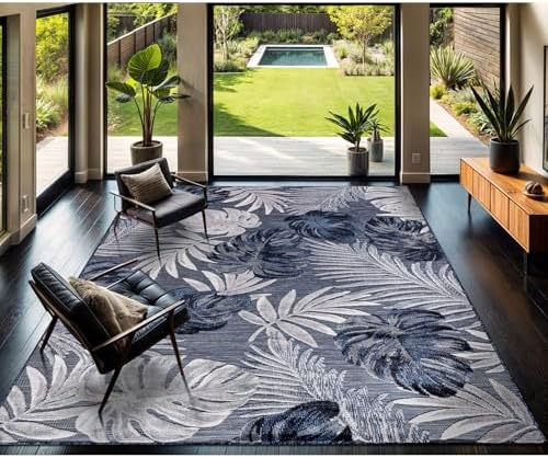 CAMILSON Indoor Outdoor Rug, Navy 10’x14’ Leaf Tropical Botanical Area Rugs for Indoor and Outdoor patios, Easy-Cleaning Non-Shedding Living Room, Garden and Kitchen Washable Outside Carpet (10x14) - Image 5