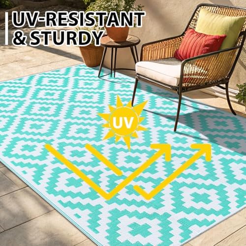 Smiry Outdoor Rug 5x8 ft Waterproof Reversible Boho Mat, White & Teal - Image 4